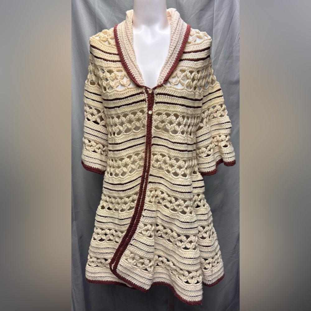 Vintage 60s One of a Kind Hand Crocheted Ivory with Brown Trim Sweater Jacket